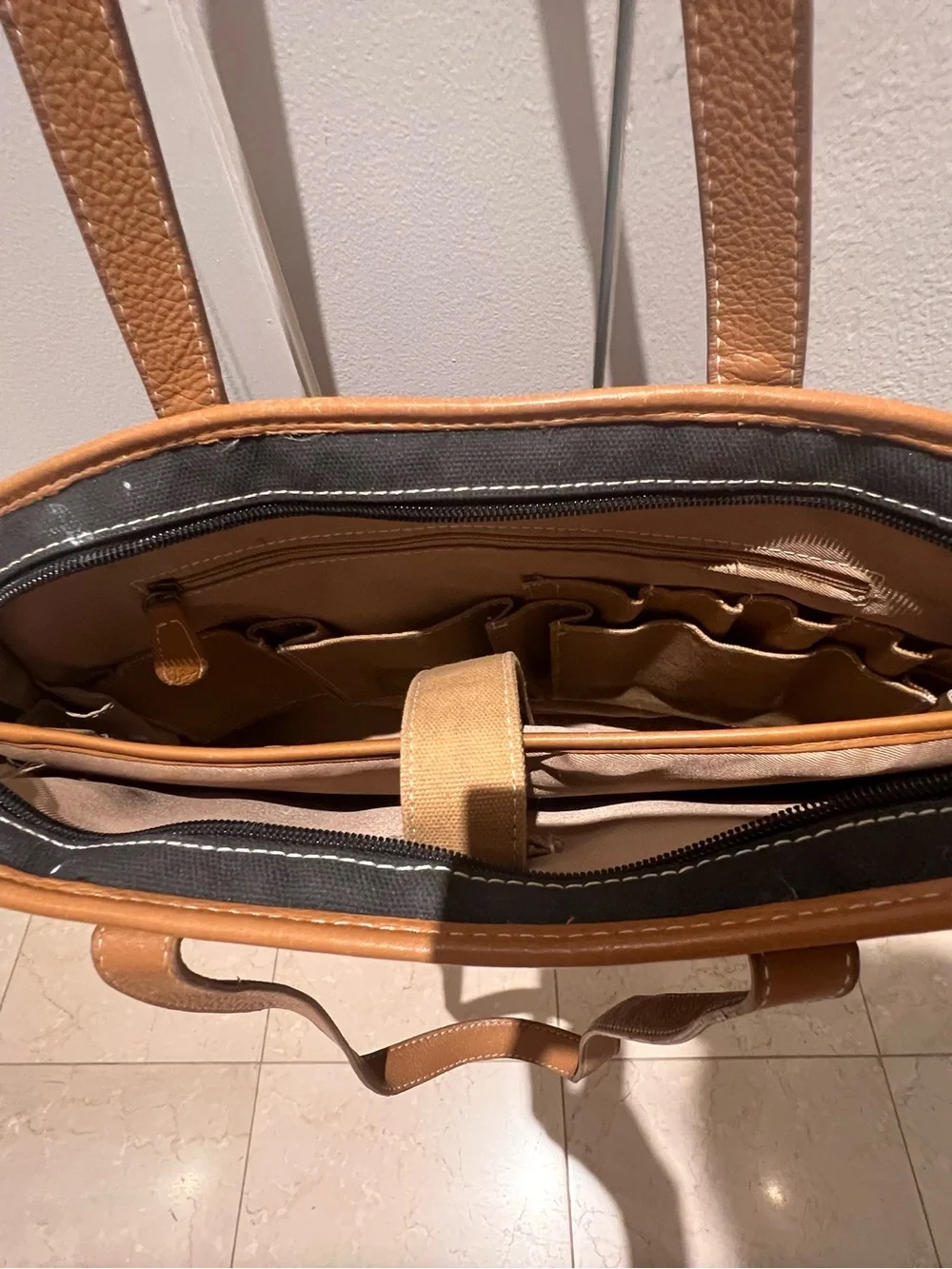 Black Canvas Laptop Tote with Tan Trim